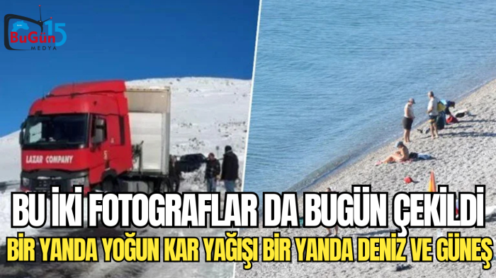 BU İKİ FOTOGRAFLAR DA BUGÜN ÇEKİLDİ BİR YANDA YOĞUN KAR YAĞIŞI BİR YANDA DENİZ VE GÜNEŞ